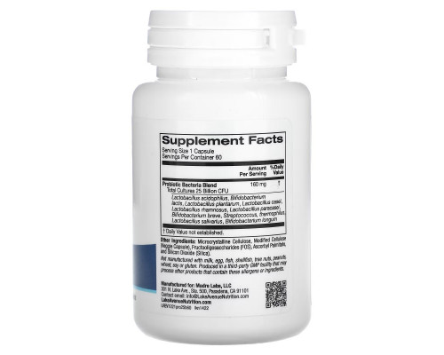Lake Ave. Nutrition, Probiotic, 10 Strains, 25 Billion CFU, 60 Veggie Capsules Lake Ave. Nutrition, Probiotic, 10 Strains, 25 Billion CFU, 60 Veggie Capsules