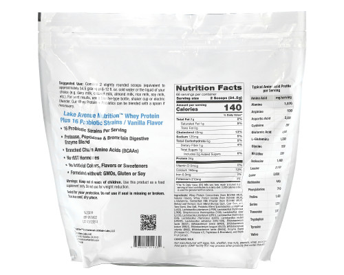 Lake Avenue Nutrition, Whey Protein + Probiotics, Vanilla Flavor, 5 lb (2270 g) Lake Avenue Nutrition, Whey Protein + Probiotics, Vanilla Flavor, 5 lb (2270 g)