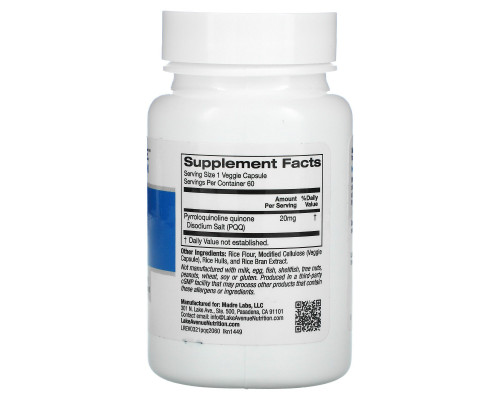 Lake Avenue Nutrition, PQQ (пирролохинолинхинон), 20 мг, 60 растительных капсул Lake Avenue Nutrition, PQQ (пирролохинолинхинон), 20 мг, 60 растительных капсул