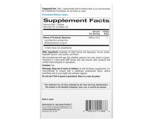 Lake Avenue Nutrition, Probiotic Minis, 2 Strains of Healthy Bacteria, 1 Billion CFU, 30 Mini Softgels Lake Avenue Nutrition, Probiotic Minis, 2 Strains of Healthy Bacteria, 1 Billion CFU, 30 Mini Softgels