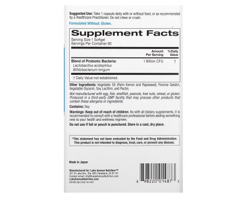 Lake Avenue Nutrition, Probiotic Minis, 2 Strains of Healthy Bacteria, 1 Billion CFU, 90 Mini Softgels Lake Avenue Nutrition, Probiotic Minis, 2 Strains of Healthy Bacteria, 1 Billion CFU, 90 Mini Softgels