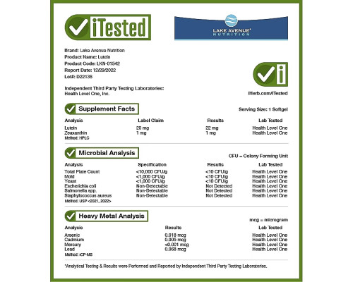 Lake Avenue Nutrition, Lutein, 20 mg, 120 Veggie Softgels Lake Avenue Nutrition, Lutein, 20 mg, 120 Veggie Softgels