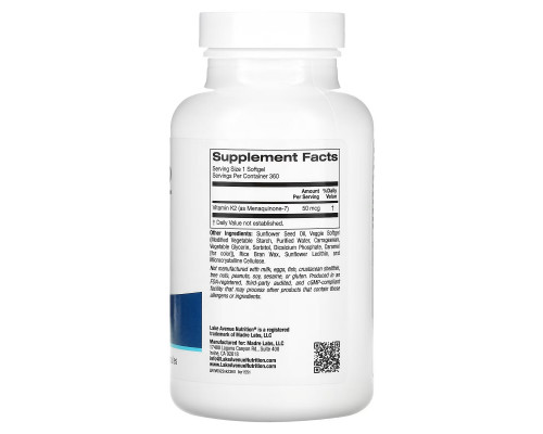 Lake Avenue Nutrition, Vitamin K2 (as Menaquinone-7), 50 mcg, 360 Veggie Softgels Lake Avenue Nutrition, Vitamin K2 (as Menaquinone-7), 50 mcg, 360 Veggie Softgels