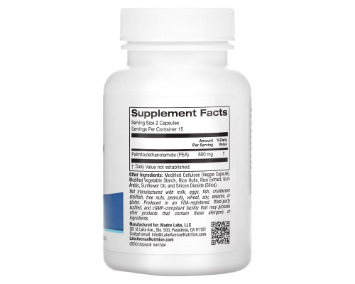 Lake Avenue Nutrition, ПЭА (пальмитоилэтаноламид), 600 мг, 30 растительных капсул Lake Avenue Nutrition, ПЭА (пальмитоилэтаноламид), 600 мг, 30 растительных капсул