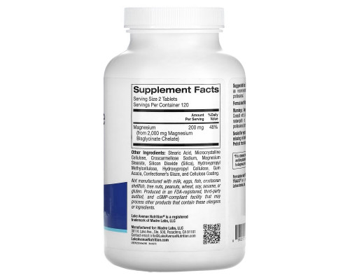 Lake Avenue Nutrition, Magnesium Bisglycinate, 200 mg Per Serving, 240 Tablets Lake Avenue Nutrition, Magnesium Bisglycinate, 200 mg Per Serving, 240 Tablets