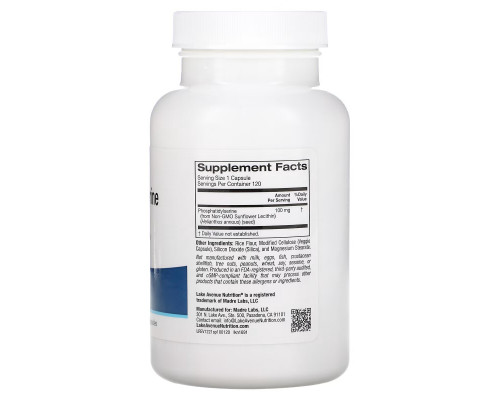 Lake Avenue Nutrition, Sunflower Phosphatidylserine, 100 mg, 120 Veggie Capsules Lake Avenue Nutrition, Sunflower Phosphatidylserine, 100 mg, 120 Veggie Capsules