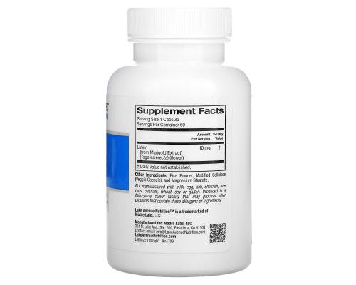 Lake Avenue Nutrition, Lutein, 10 mg, 60 Veggie Capsules Lake Avenue Nutrition, Lutein, 10 mg, 60 Veggie Capsules