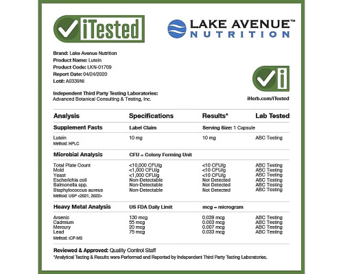 Lake Avenue Nutrition, Lutein, 10 mg, 60 Veggie Capsules Lake Avenue Nutrition, Lutein, 10 mg, 60 Veggie Capsules