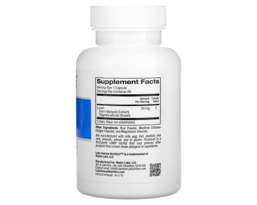 Lake Avenue Nutrition, Lutein, 20 mg, 60 Veggie Capsules Lake Avenue Nutrition, Lutein, 20 mg, 60 Veggie Capsules