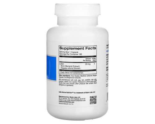 Lake Avenue Nutrition, Lutein, 20 mg, 180 Veggie Capsules Lake Avenue Nutrition, Lutein, 20 mg, 180 Veggie Capsules