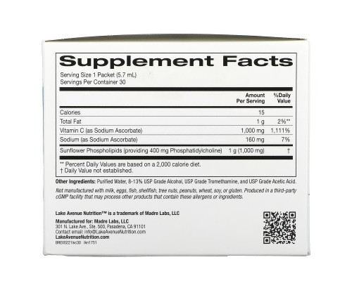 Lake Avenue Nutrition, Liposomal Vitamin C , 1,000 mg , 30 Packets, 0.2 oz (5.7 ml) Each Lake Avenue Nutrition, Liposomal Vitamin C , 1,000 mg , 30 Packets, 0.2 oz (5.7 ml) Each