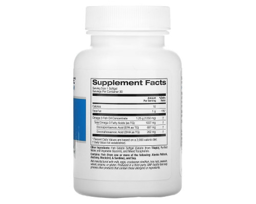 Lake Avenue Nutrition, Omega-3 Fish Oil, 1250 mg, 30 Fish Gelatin Softgels Lake Avenue Nutrition, Omega-3 Fish Oil, 1250 mg, 30 Fish Gelatin Softgels