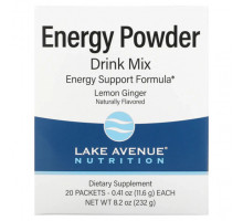 Растительные экстракты и настойки Lake Avenue Nutrition, порошковая смесь для приготовления напитка, повышающего уровень энергии, со вкусом лимона и имбиря, 20 пакетиков по 11,6 г (0,41 унции)