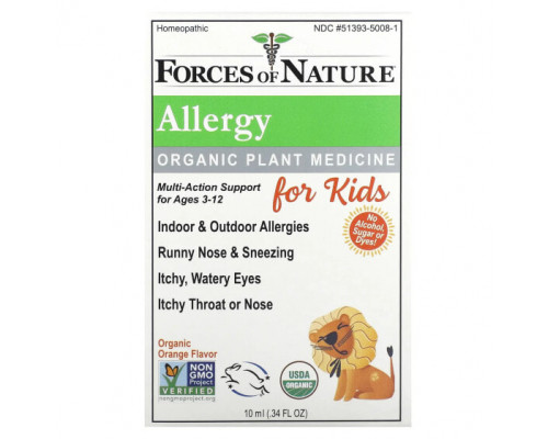 Детское здоровье Forces of Nature, Allergy, органическое растительное средство, для детей от 3 до 12 лет, апельсин, 10 мл (0,34 жидк. Унции) Детское здоровье Forces of Nature, Allergy, органическое растительное средство, для детей от 3 до 12 лет, апельсин, 10 мл (0,34 жидк. Унции)