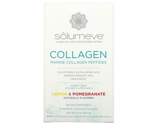 Solumeve, Collagen Peptides Plus Vitamin C & Hyaluronic Acid, Variety Pack, Lemon and Pomegranate, 10 Packets, 0.18 oz (5.15 g) Each Solumeve, Collagen Peptides Plus Vitamin C & Hyaluronic Acid, Variety Pack, Lemon and Pomegranate, 10 Packets, 0.18 oz (5.15 g) Each