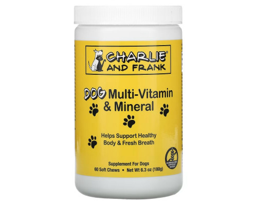 Charlie and Frank, Dog Multi-Vitamin & Mineral, Supports Fresh Breath, 60 Soft Chews, 6.3 oz (180 g) Charlie and Frank, Dog Multi-Vitamin & Mineral, Supports Fresh Breath, 60 Soft Chews, 6.3 oz (180 g)