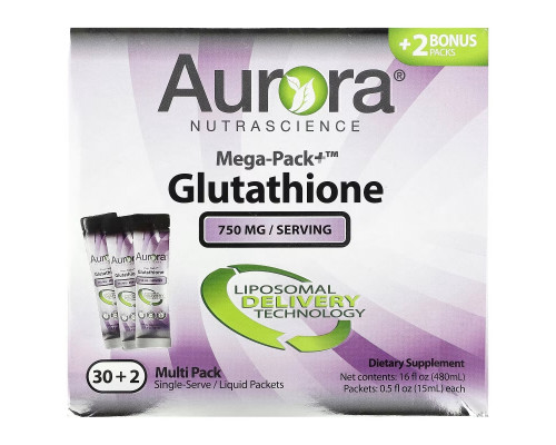 Aurora Nutrascience, Mega-Pack+ Glutathione, 750 mg, 32 Packs, 0.5 fl oz (15 ml) Each Aurora Nutrascience, Mega-Pack+ Glutathione, 750 mg, 32 Packs, 0.5 fl oz (15 ml) Each