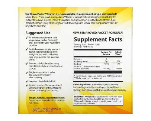 Aurora Nutrascience, Micro-Pack+ Vitamin C, 1,000 mg , 30 Packets, 0.17 fl oz (5 ml) Each Aurora Nutrascience, Micro-Pack+ Vitamin C, 1,000 mg , 30 Packets, 0.17 fl oz (5 ml) Each
