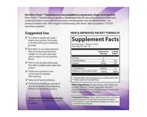 Aurora Nutrascience, Micro-Pack+ Glutathione, 500 mg, 30 Packets, 0.34 fl oz (10 ml) Each Aurora Nutrascience, Micro-Pack+ Glutathione, 500 mg, 30 Packets, 0.34 fl oz (10 ml) Each