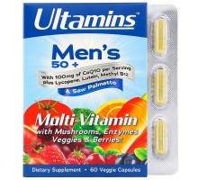 Ultamins, Men's 50+ Multi-Vitamin with CoQ10, Mushrooms, Enzymes, Veggies & Berries, 60 Veggie Capsules