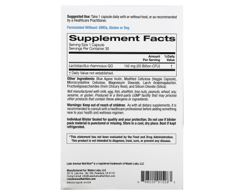 Lake Avenue Nutrition, Digestive Support Probiotic, Probiotic & Prebiotic Blend, 20 Billion CFUs, 30 Capsules Lake Avenue Nutrition, Digestive Support Probiotic, Probiotic & Prebiotic Blend, 20 Billion CFUs, 30 Capsules