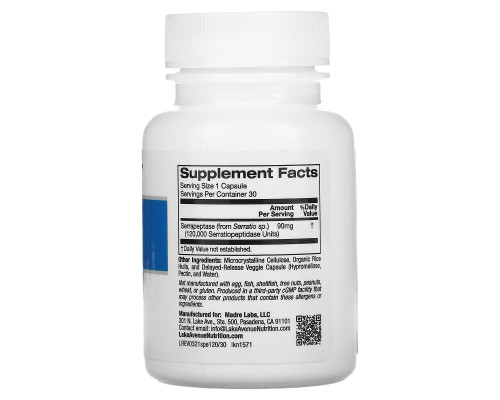 Lake Avenue Nutrition, Serrapeptase, Proteolytic Enzyme, 120,000 SPUs, 30 Veggie Capsules Lake Avenue Nutrition, Serrapeptase, Proteolytic Enzyme, 120,000 SPUs, 30 Veggie Capsules