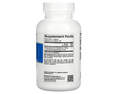 Lake Avenue Nutrition, Серрапептаза, протеолитический фермент, 120 000 SPU, 180 растительных капсул Lake Avenue Nutrition, Серрапептаза, протеолитический фермент, 120 000 SPU, 180 растительных капсул