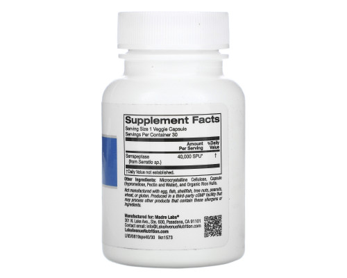 Lake Avenue Nutrition, Serrapeptase, Proteolytic Enzyme, 40,000 SPUs, 30 Veggie Capsules Lake Avenue Nutrition, Serrapeptase, Proteolytic Enzyme, 40,000 SPUs, 30 Veggie Capsules
