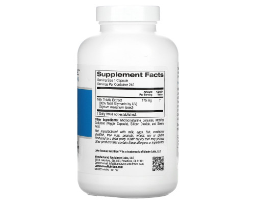 Lake Avenue Nutrition, Milk Thistle Extract, 175 mg, 240 Veggie Capsules Lake Avenue Nutrition, Milk Thistle Extract, 175 mg, 240 Veggie Capsules