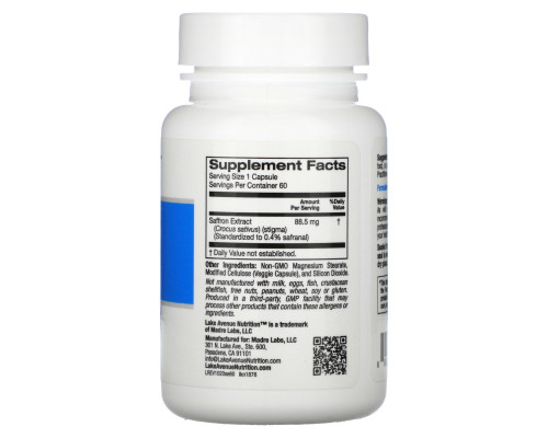 Lake Avenue Nutrition, экстракт шафрана, 88,5 мг, 60 растительных капсул Lake Avenue Nutrition, экстракт шафрана, 88,5 мг, 60 растительных капсул
