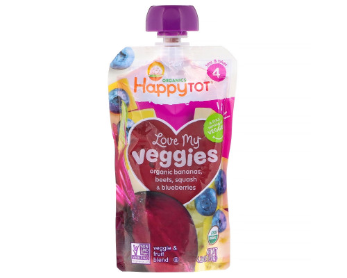 Happy Family Organics, Organics Happy Tot, Вкусные овощи органическое пюре из бананов, свеклы, тыквы и голубики, 120 г Happy Family Organics, Organics Happy Tot, Вкусные овощи органическое пюре из бананов, свеклы, тыквы и голубики, 120 г