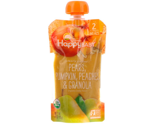 Happy Family Organics, Органическое детское питание, ступень 2, ручная обработка, груша, тыква, персики, гранола, от 6 месяцев, 4 унц. (113 г) Happy Family Organics, Органическое детское питание, ступень 2, ручная обработка, груша, тыква, персики, гранола, от 6 месяцев, 4 унц. (113 г)