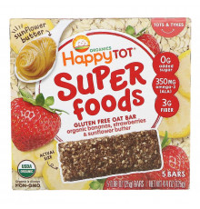 Happy Family Organics, Organics Happy Tot, суперпища, безглютеновый овсяный батончик, органические бананы, клубника и подсолнечная паста, 5 батончиков, 25 г каждый