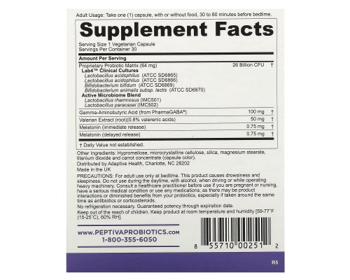 Peptiva, Clinically Validated Probiotics + Sleep Support, 30 Vegetarian Capsules Peptiva, Clinically Validated Probiotics + Sleep Support, 30 Vegetarian Capsules