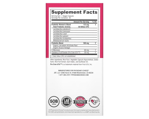 Physician's Choice, Women's Probiotic, 50 Billion CFUs, 30 Delayed-Release Veggie Capsules Physician's Choice, Women's Probiotic, 50 Billion CFUs, 30 Delayed-Release Veggie Capsules