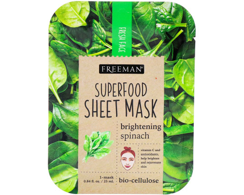 Freeman Beauty, Тканевая маска с суперфудом, осветляющий шпинат, 1 маска Freeman Beauty, Тканевая маска с суперфудом, осветляющий шпинат, 1 маска