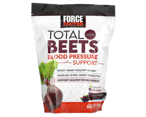 Овощи Force Factor, Total Beets, средство для поддержки артериального давления, ягоды асаи, 60 жевательных таблеток Овощи Force Factor, Total Beets, средство для поддержки артериального давления, ягоды асаи, 60 жевательных таблеток