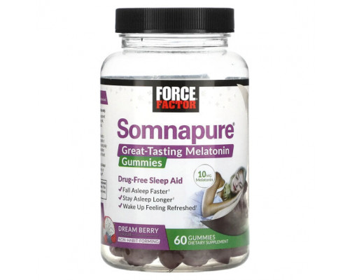 БАДы Force Factor, Somnapure, вкусные жевательные таблетки с мелатонином, 5 мг, ягодный вкус, 60 жевательных таблеток БАДы Force Factor, Somnapure, вкусные жевательные таблетки с мелатонином, 5 мг, ягодный вкус, 60 жевательных таблеток