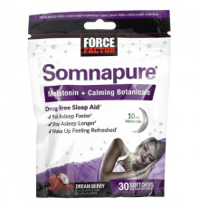 Улучшение памяти и работы мозга Force Factor, Somnapure, мелатонин и успокаивающие растительные ингредиенты, ягоды сна, 30 жевательных таблеток