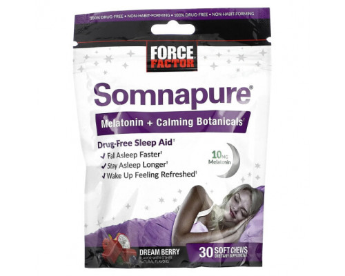 Улучшение памяти и работы мозга Force Factor, Somnapure, мелатонин и успокаивающие растительные ингредиенты, ягоды сна, 30 жевательных таблеток Улучшение памяти и работы мозга Force Factor, Somnapure, мелатонин и успокаивающие растительные ингредиенты, ягоды сна, 30 жевательных таблеток