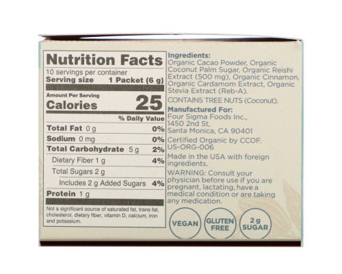 Four Sigma Foods XOCO Blue Mushroom Hot Cocoa Drink Mix with Reishi Sweet Cinnamon 10 Powder Bags 0.2 oz (6 g ) Each Four Sigma Foods XOCO Blue Mushroom Hot Cocoa Drink Mix with Reishi Sweet Cinnamon 10 Powder Bags 0.2 oz (6 g ) Each