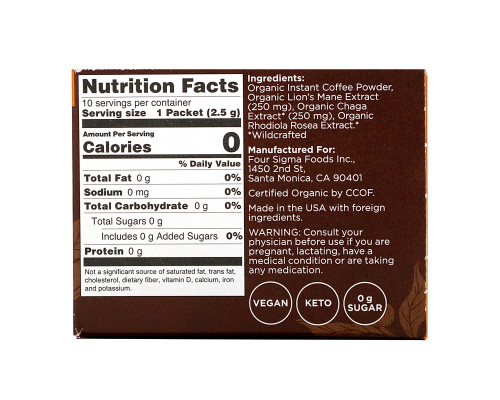 Four Sigma Foods Mushroom Coffee with Lion's Mane 10 Powder Bags 0.09 oz (2.5 g) Each Four Sigma Foods Mushroom Coffee with Lion's Mane 10 Powder Bags 0.09 oz (2.5 g) Each