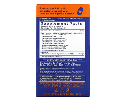 LoveBug Probiotics, Advanced Strength Daily Probiotic, 50 Billion CFU, 30 Count LoveBug Probiotics, Advanced Strength Daily Probiotic, 50 Billion CFU, 30 Count