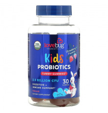 Детское здоровье LoveBug Probiotics, Детские пробиотики, жевательные мармеладки, клубника, 2,5 млрд КОЕ, 30 жевательных таблеток