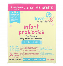 LoveBug Probiotics, Tiny Tummies, Daily Probiotic + Prebiotic, 0 Mo-6 Mo, 30 Single Serve Stick Packs, 1.59 oz ( 45 g)