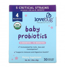 LoveBug Probiotics, Baby Probiotics, Tiny Tummies Daily Probiotic + Prebiotic, 6 Mo-12 Mo, 30 Single Serve Stick Packs, 1.59 oz ( 45 g)