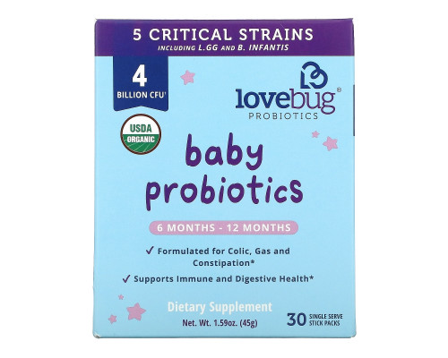 LoveBug Probiotics, Baby Probiotics, Tiny Tummies Daily Probiotic + Prebiotic, 6 Mo-12 Mo, 30 Single Serve Stick Packs, 1.59 oz ( 45 g) LoveBug Probiotics, Baby Probiotics, Tiny Tummies Daily Probiotic + Prebiotic, 6 Mo-12 Mo, 30 Single Serve Stick Packs, 1.59 oz ( 45 g)