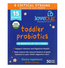 Детское здоровье LoveBug Probiotics, пробиотики для детей в возрасте от 12 месяцев до 4 лет, 15 млрд КОЕ, 30 пакетиков по 1,8 г (0,06 унции)