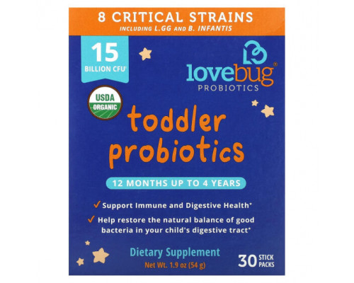 Детское здоровье LoveBug Probiotics, пробиотики для детей в возрасте от 12 месяцев до 4 лет, 15 млрд КОЕ, 30 пакетиков по 1,8 г (0,06 унции) Детское здоровье LoveBug Probiotics, пробиотики для детей в возрасте от 12 месяцев до 4 лет, 15 млрд КОЕ, 30 пакетиков по 1,8 г (0,06 унции)