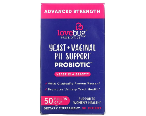 LoveBug Probiotics, Дрожжи и пробиотик для поддержки влагалищного уровня PH, повышенная эффективность, 50 млрд КОЕ, 30 шт. LoveBug Probiotics, Дрожжи и пробиотик для поддержки влагалищного уровня PH, повышенная эффективность, 50 млрд КОЕ, 30 шт.